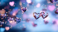 Romantic floating crystal hearts with pink and blue bokeh background create dreamy Valentine atmosphere. Magical love concept for greeting cards and romantic designs.