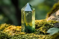 Natural citrine crystal point on green moss covered stone in forest environment, mystical healing stone with yellow and green hues in sunlight.