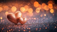 Glittering rose gold hearts on dark background with magical bokeh lights and sparkles. Romantic Valentine's day concept with soft dreamy atmosphere.