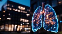 Glowing blue human lungs with illuminated bronchial tree against blurred city lights background, representing respiratory health and medical innovation in pulmonology.
