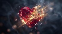 Shattered crystal heart exploding with fiery light and sparkling fragments against dark background for romantic and emotional design concepts.
