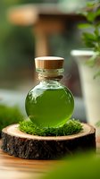 Round glass bottle with green herbal tincture on wooden slice, decorated with fresh herbs and twine, natural wellness and aromatherapy concept.