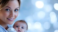 Young mother holding newborn baby against soft blue bokeh background, gentle smile and tender moment captured in warm natural lighting.