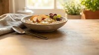Creamy oatmeal bowl topped with sliced almonds, grapes, and honey drizzle served on wooden table with natural morning light for breakfast and healthy eating concepts.