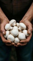 Male farmer holding fresh white mushrooms in cupped hands, showcasing organic produce harvest for agricultural, food, and farming industry use.