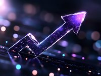Glowing purple arrow chart showing upward trend against dark background with bokeh lights, representing business growth and success in financial markets.