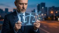 Mature Caucasian businessman in suit holding transparent digital tablet displaying glowing justice scales with legal icons against blurred city skyline at dusk.