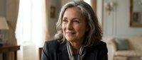 Confident mature Caucasian businesswoman with gray hair smiling warmly in elegant home office setting, professional portrait for corporate communications.