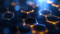 Glowing hexagonal network structure with blue and orange light effects on dark background creating futuristic technological pattern.