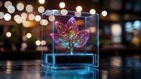 Glowing neon lotus flower in glass cube display with bokeh background creates magical atmosphere. Decorative illuminated floral art piece for modern interior design.