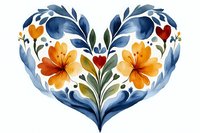 Watercolor heart shape with orange flowers and blue leaves in folk art style, symmetrical floral arrangement with red hearts on white background.