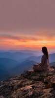 Young woman meditating in lotus pose on mountain cliff during golden sunset with layered hills and dramatic sky for wellness and mindfulness concepts.