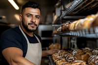 Professional male baker with beard wearing apron stands proudly in commercial bakery kitchen surrounded by freshly baked artisan breads on cooling racks.