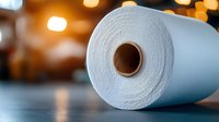 White paper towel roll on dark surface with warm bokeh lights in background, macro photography showing texture detail and selective focus for kitchen or cleaning concept.