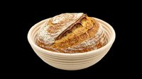 Rustic sourdough bread loaf in a proofing basket, isolated on transparent background, ready for bakery menus, stickers, print on demand, and food design projects.