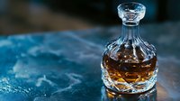 Crystal decanter with amber whiskey on dark textured background with dramatic lighting and reflections, luxury spirits photography for bars and restaurants.