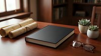 Black hardcover book on wooden desk with rolled scrolls, glasses, and succulents, evoking knowledge, education, and classic study atmosphere.