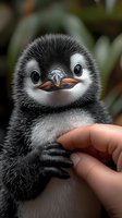 Close-up portrait of adorable baby penguin chick with fluffy black and white feathers being gently held by human hands, showing expressive eyes and cute beak.