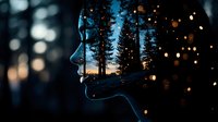 Dreamy double exposure silhouette profile blending with mystical forest landscape at sunset, glowing bokeh lights creating magical atmosphere for creative design.