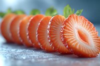 Fresh sliced strawberries arranged in row showing detailed cross sections with natural texture and juicy flesh on light surface, macro food photography.