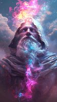 Mystical elder wizard with glowing magical energy, pink and blue ethereal smoke swirling around hooded figure against cloudy cosmic sky background.