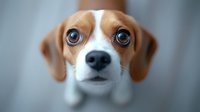 Adorable beagle puppy with bright blue eyes looking up at camera with sweet expression, white and brown markings on face, close-up portrait against blurred background.