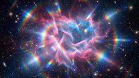 Cosmic nebula with vibrant pink, blue, and purple energy waves radiating outward, surrounded by glowing stars and colorful light rays in deep space.