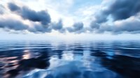 Dramatic seascape with dark stormy clouds reflecting on calm ocean surface at dawn. Moody blue tones and sunlight breaking through create mystical atmosphere.