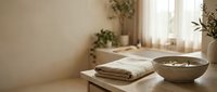 Serene spa wellness setting with folded towel, ceramic bowl, and potted plants on wooden table near window with natural light.