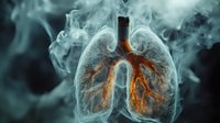 Anatomical visualization of human lungs with glowing bronchi surrounded by ethereal smoke effect against dark background, medical science concept for respiratory system.