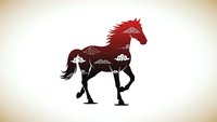 Stylized horse silhouette with ornate decorative patterns in red and brown gradient colors on cream background for logo design and branding projects.