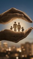 Protective hands sheltering family silhouette symbolizing life insurance, healthcare coverage, and financial security for parents and children.