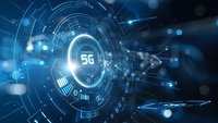 Futuristic 5G network technology concept with glowing circular interface, digital elements and blue bokeh lights against dark background. Suitable for telecommunications.