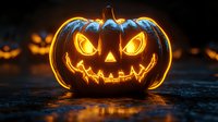 Glowing carved pumpkin with evil grin and bright yellow illumination on dark background with water reflections creates spooky Halloween atmosphere.