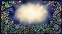 Watercolor floral frame with cosmic night sky, teal and gold botanical border surrounding a soft glowing center, for cards and invitations.
