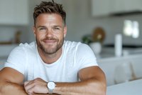 Confident Caucasian male with stubble beard wearing white t-shirt and watch smiling at camera in bright modern kitchen interior, lifestyle portrait.