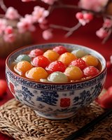 Colorful tangyuan rice balls in traditional blue and white porcelain bowl with plum blossoms. Asian festive sweet dessert soup on woven mat against red background.
