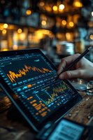 Financial analyst reviewing market data on tablet with stylus pen against warm bokeh lights background in evening atmosphere. Suitable for business and finance concepts.
