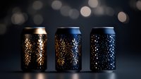 Decorative metal cans with intricate cutout patterns creating glowing light effects against dark background with bokeh. Elegant holiday lantern design.
