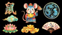 Cute mouse character wearing traditional Asian clothing and hat, holding gold coins, surrounded by decorative elements including lotus flower, gold coins, ornamental fan, and circular medallion with dragon motif. All elements isolated on transparent background, ready for t-shirt design, stickers, clipart, print-on-demand products, and sublimation projects.