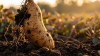 Fresh organic potato with soil and roots being harvested from garden bed during golden hour sunset light for farm to table cooking.