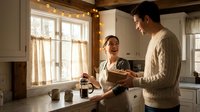 Happy couple cooking together in modern farmhouse kitchen with warm lighting and white cabinets during morning meal preparation time.