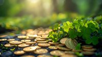 Golden coins scattered among fresh green clover leaves in sunlit garden setting, creating magical nature and wealth composition for financial growth concepts.
