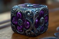 Ornate metallic dice with purple glowing swirl patterns and intricate silver filigree details on dark wooden surface, macro photography showing fantasy gaming element.