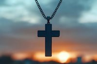 Black cross pendant on chain silhouetted against dramatic sunset sky with orange and blue hues, symbolizing faith and spirituality.