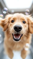 Playful golden retriever puppy with happy expression looking up at soap bubbles floating around, close-up portrait showing joyful smile and bright eyes.