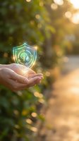 Hand holding glowing shield with leaf and checkmark icon, representing environmental protection, sustainability certification, and eco-friendly business practices in nature setting.