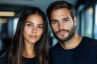 Young diverse couple smiling at camera in modern office environment. Professional business partners or colleagues posing together indoors.