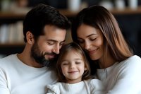 Happy mixed race family with little daughter smiling together at home. Close up portrait of loving parents and child sharing tender moment.