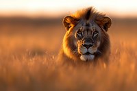 Male lion head portrait in golden morning light emerging from tall grass savanna. Majestic African predator with glowing mane during sunrise.